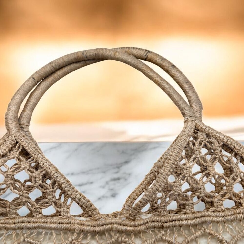 Vintage Crochet Jute Handbag With Lining Double Handles - Picture 5 of 8